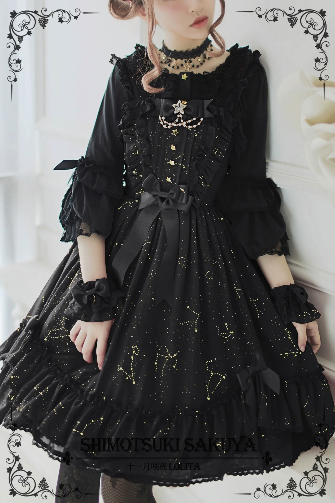 Whisper of Stars - Elegant Lolita Black JSK Dress, Constellation Foil Printing - Image 8
