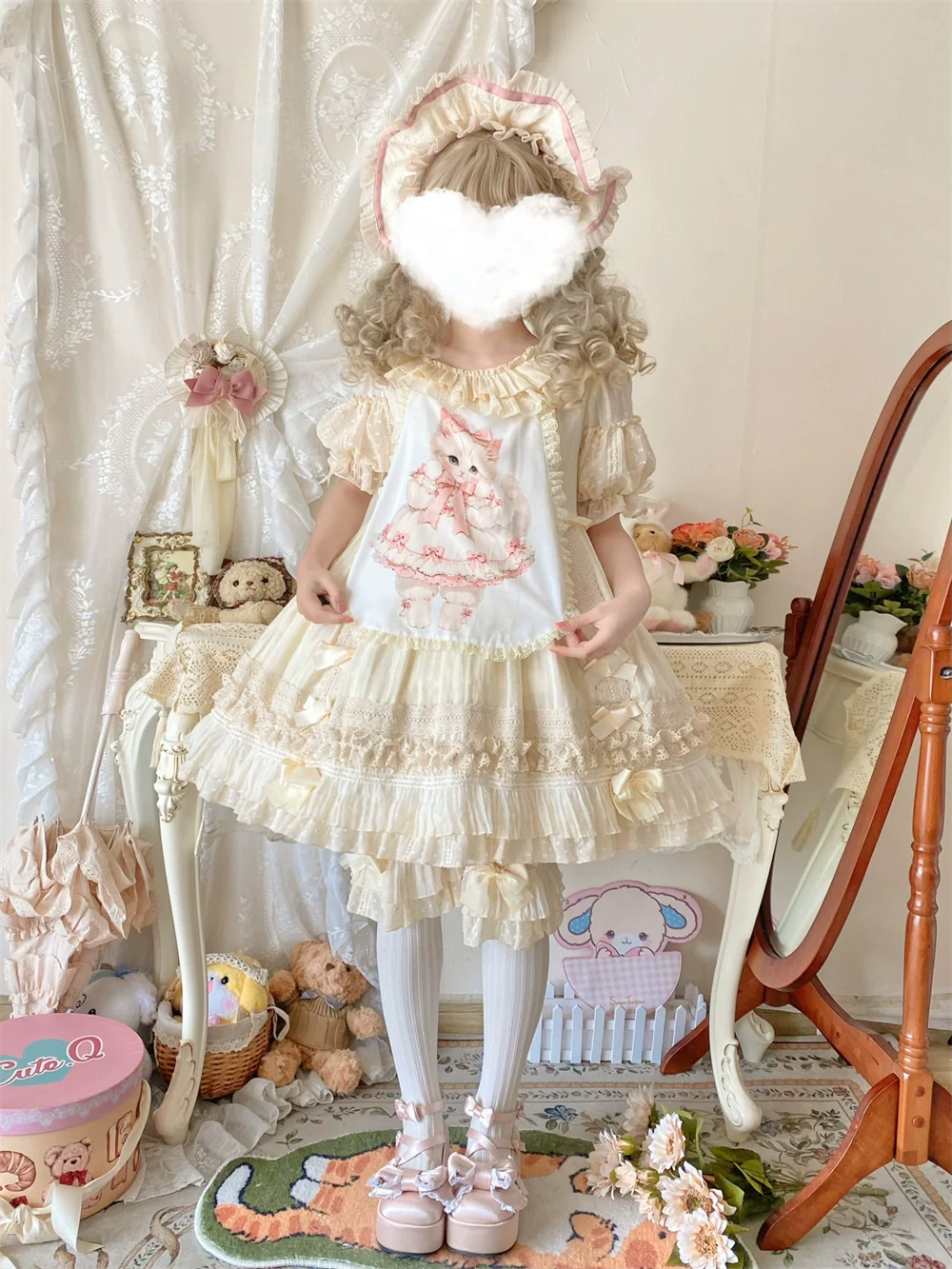 Meow Lullaby - Cotton Kawaii Lolita OP Dress with Removable Kitty Apron - Image 12