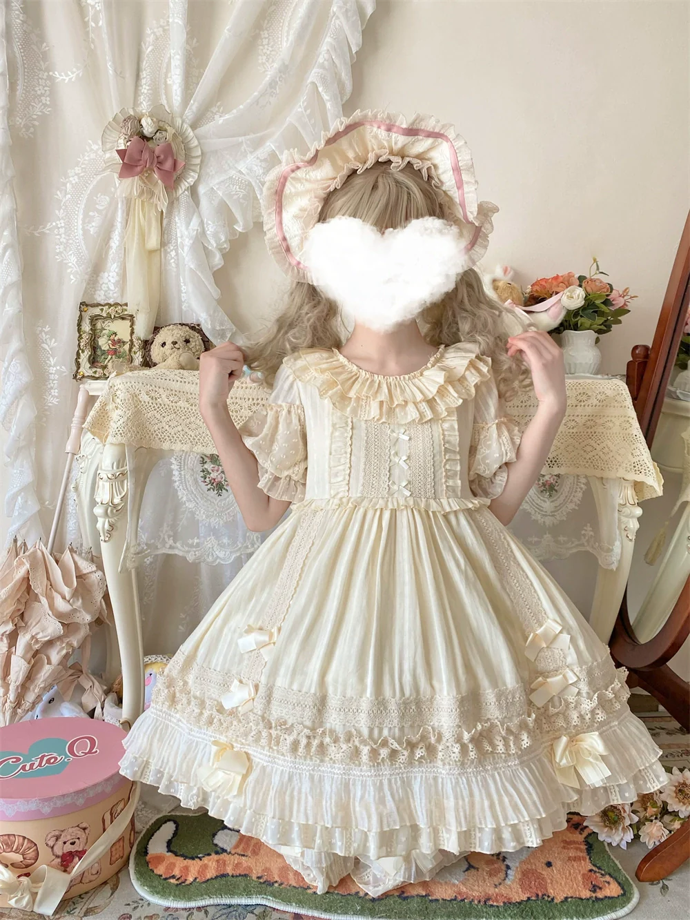 Meow Lullaby - Cotton Kawaii Lolita OP Dress with Removable Kitty Apron - Image 13