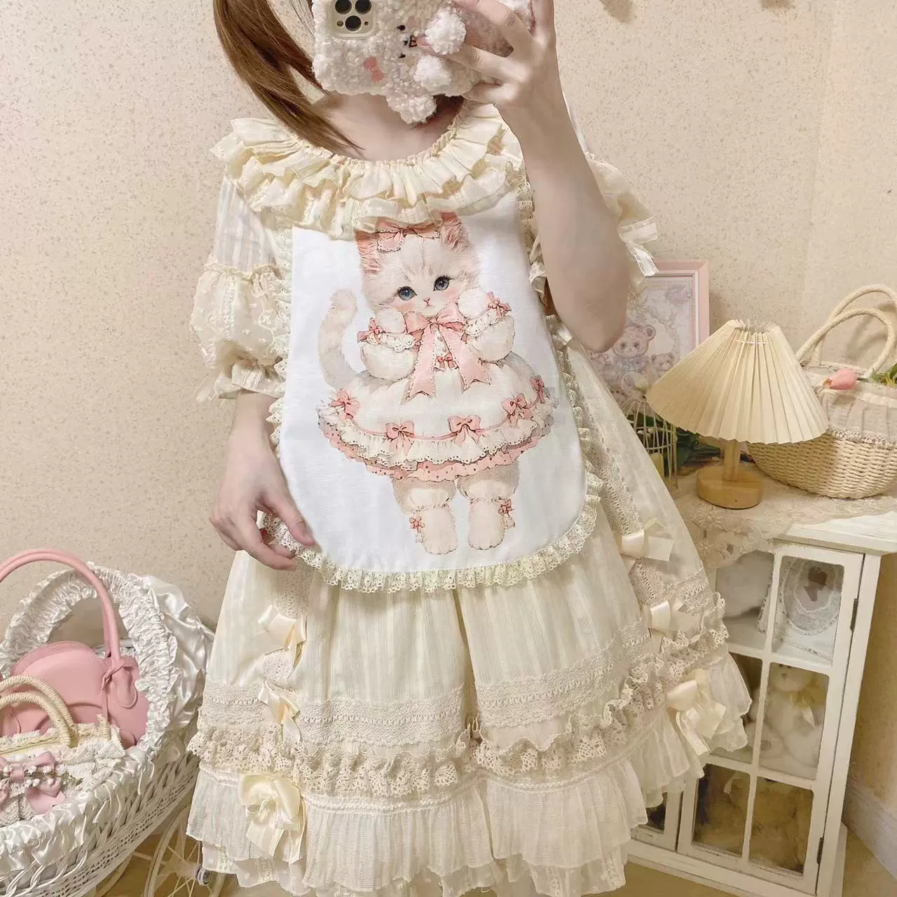 Meow Lullaby - Cotton Kawaii Lolita OP Dress with Removable Kitty Apron - Image 16