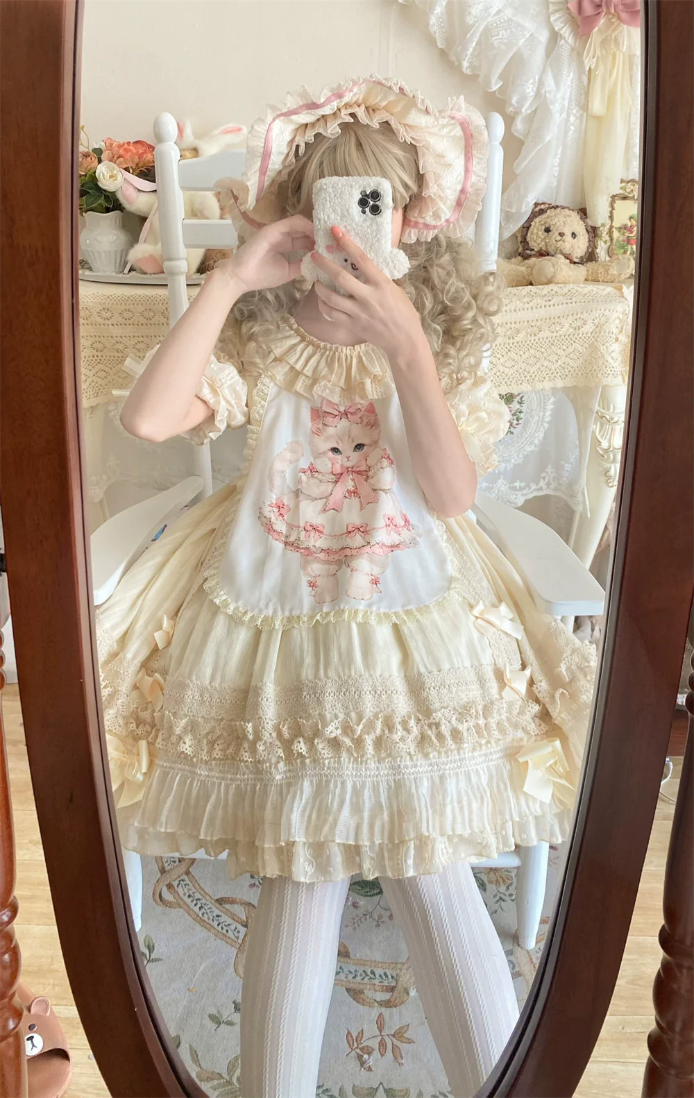 Meow Lullaby - Cotton Kawaii Lolita OP Dress with Removable Kitty Apron - Image 17