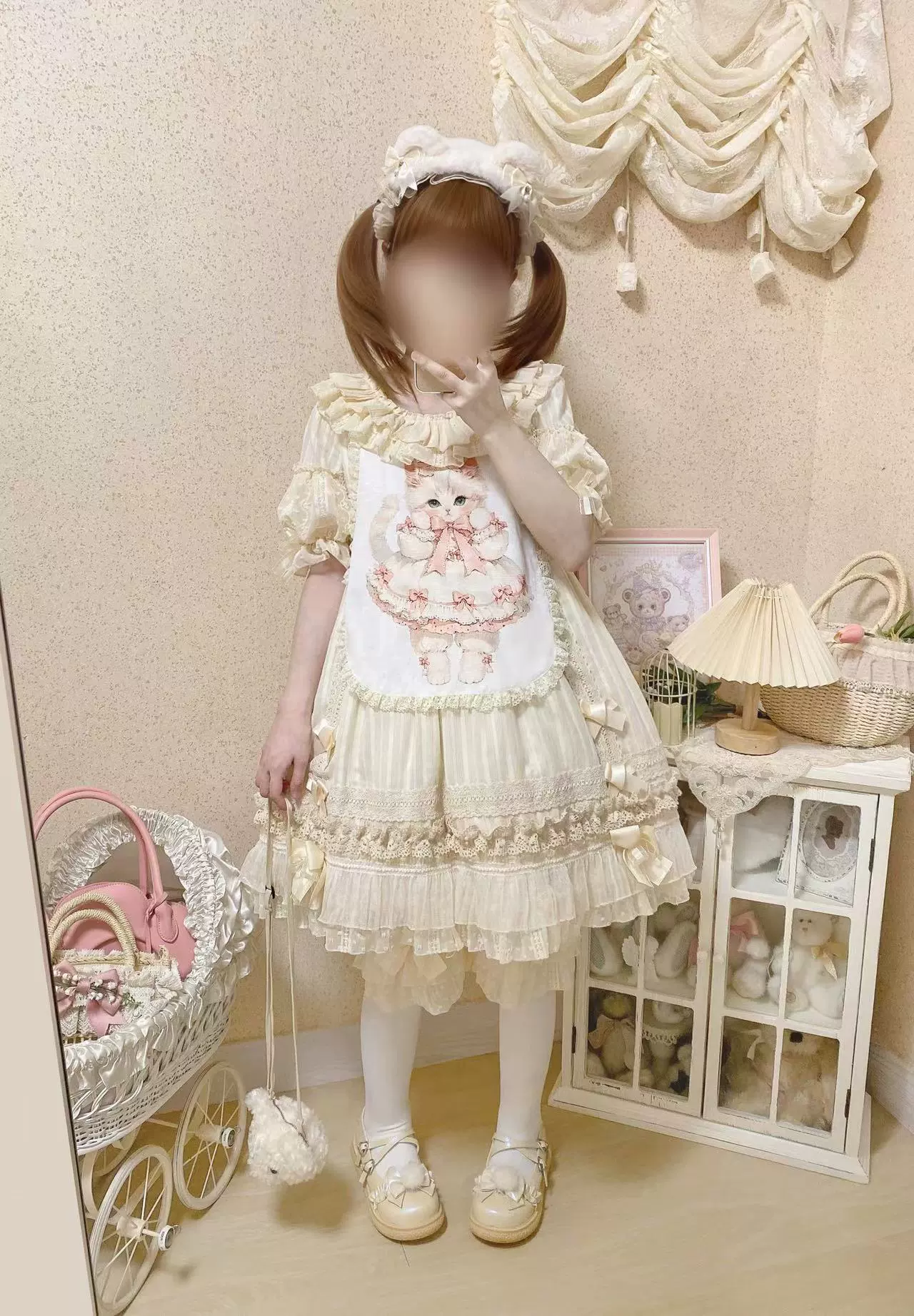 Meow Lullaby - Cotton Kawaii Lolita OP Dress with Removable Kitty Apron - Image 19