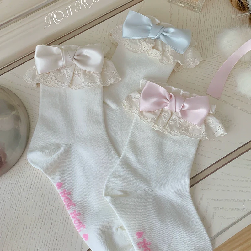 Cotton Lolita Socks Lace Bow White Socks - Image 15