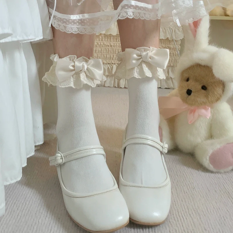 Cotton Lolita Socks Lace Bow White Socks - Image 5