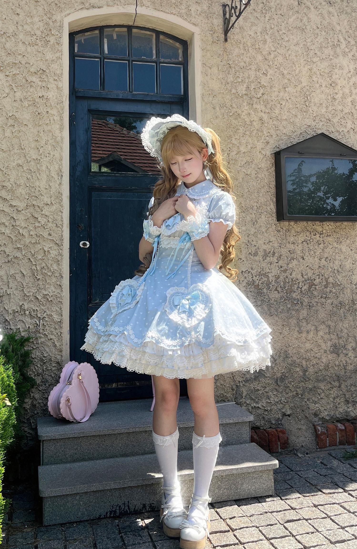 Maiden's Heart Knot - Cotton Old School Lolita Dress, Heart Polka Dot - Image 11