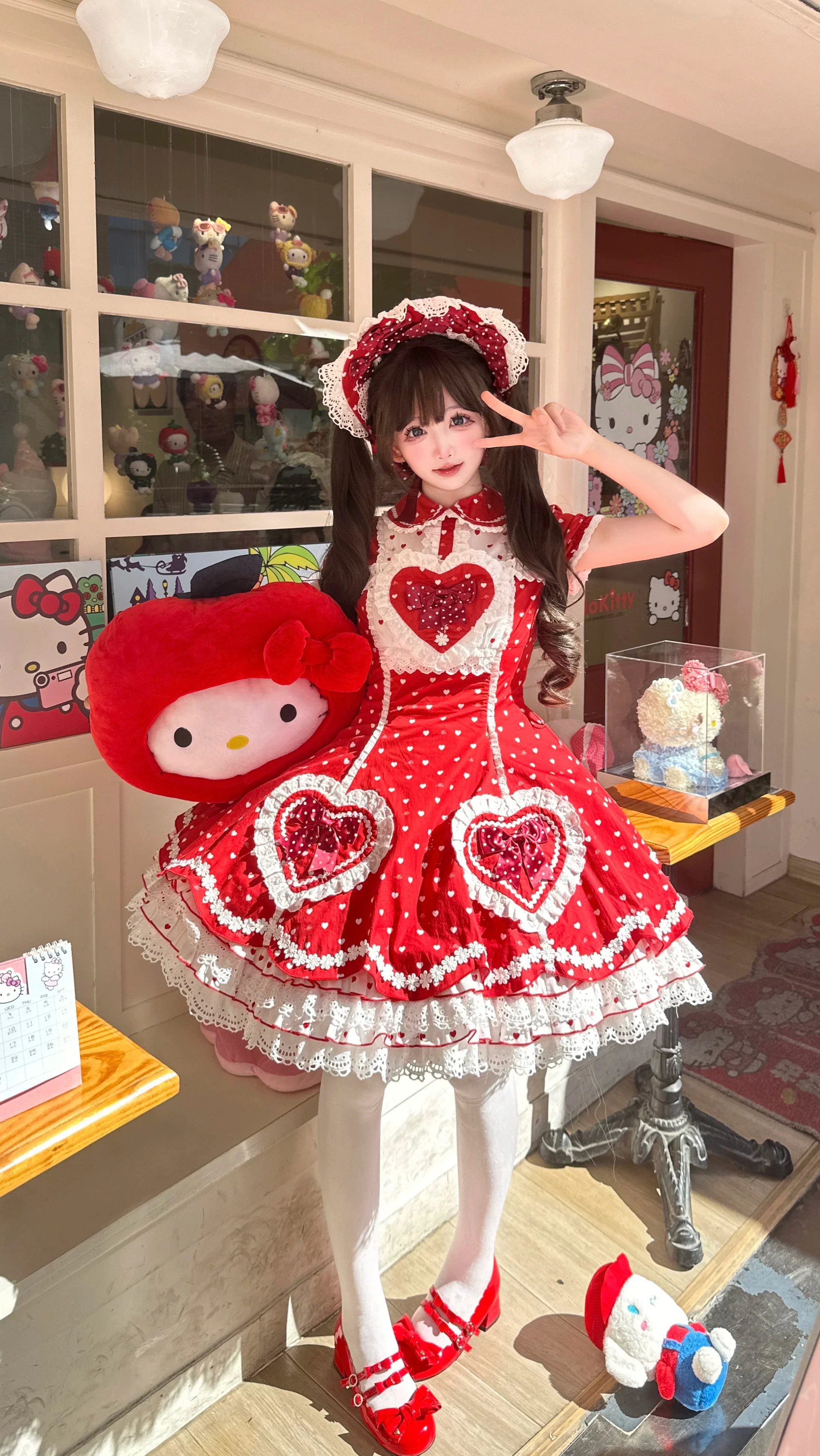 Maiden's Heart Knot - Cotton Old School Lolita Dress, Heart Polka Dot - Image 3