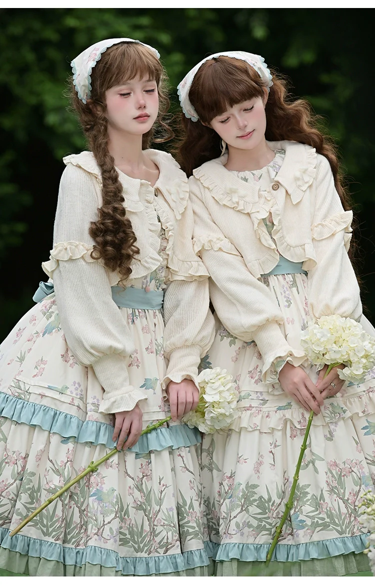 With PUJI - Oriole Time - Country Lolita JSK and OP Dress, Floral and Bird Print - Image 10