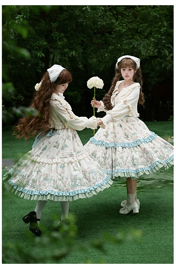With PUJI - Oriole Time - Country Lolita JSK and OP Dress, Floral and Bird Print - Image 11