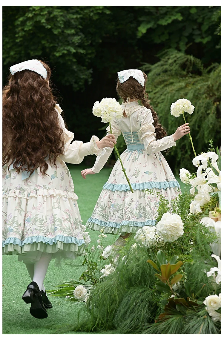 With PUJI - Oriole Time - Country Lolita JSK and OP Dress, Floral and Bird Print - Image 12