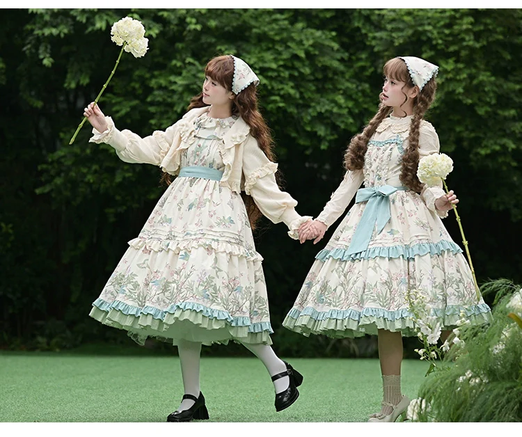 With PUJI - Oriole Time - Country Lolita JSK and OP Dress, Floral and Bird Print - Image 13