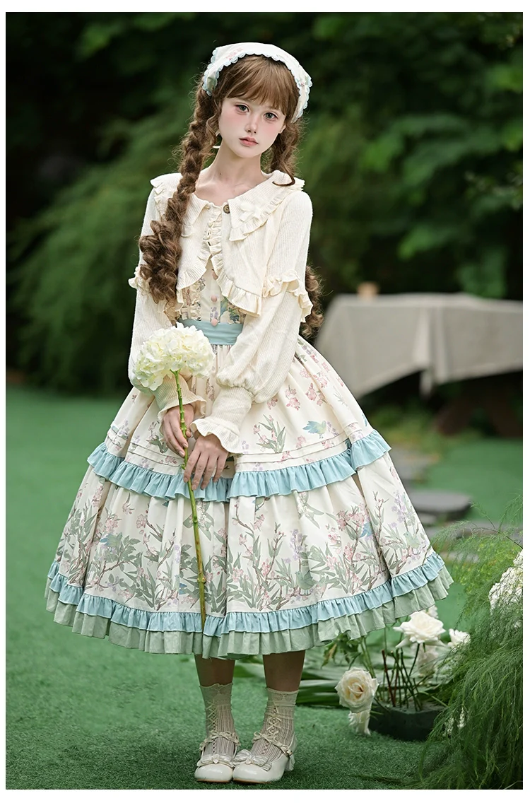 With PUJI - Oriole Time - Country Lolita JSK and OP Dress, Floral and Bird Print - Image 15