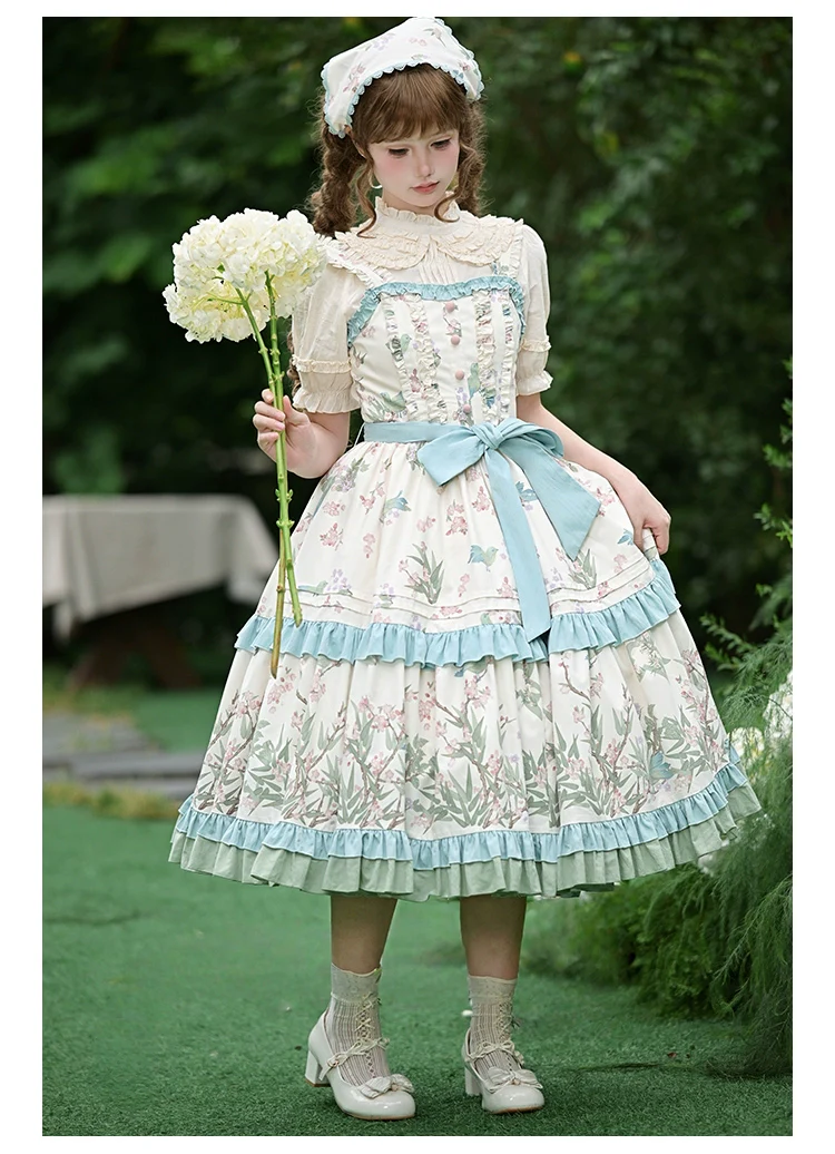 With PUJI - Oriole Time - Country Lolita JSK and OP Dress, Floral and Bird Print - Image 16