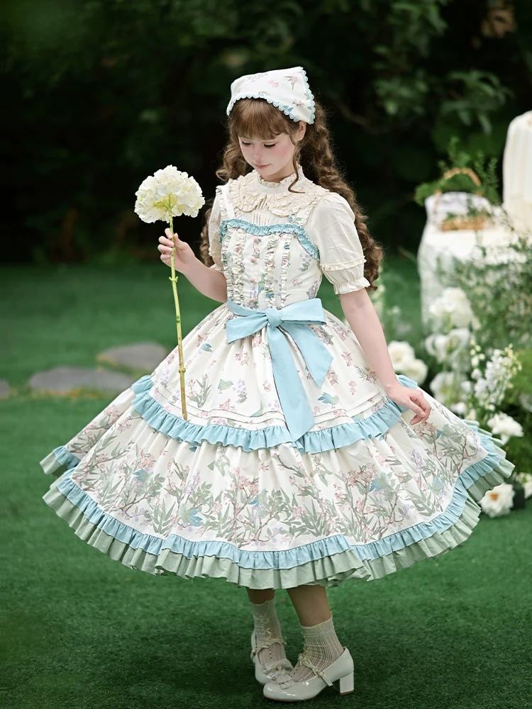 With PUJI - Oriole Time - Country Lolita JSK and OP Dress, Floral and Bird Print - Image 17