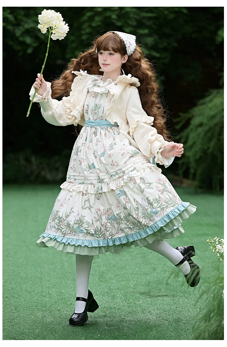 With PUJI - Oriole Time - Country Lolita JSK and OP Dress, Floral and Bird Print - Image 18