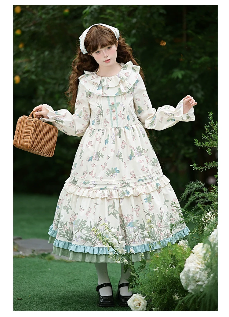 With PUJI - Oriole Time - Country Lolita JSK and OP Dress, Floral and Bird Print - Image 19
