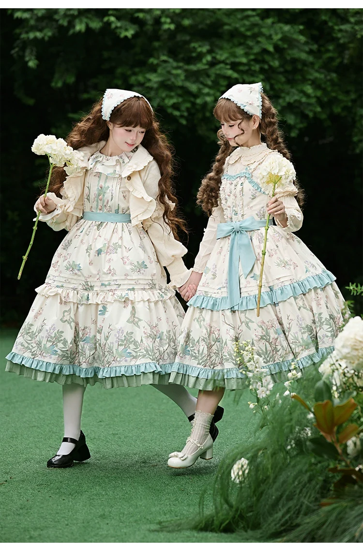 With PUJI - Oriole Time - Country Lolita JSK and OP Dress, Floral and Bird Print - Image 2