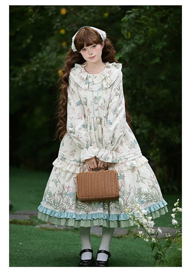 With PUJI - Oriole Time - Country Lolita JSK and OP Dress, Floral and Bird Print - Image 20