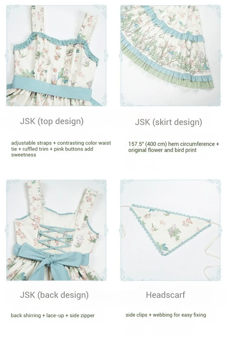 With PUJI - Oriole Time - Country Lolita JSK and OP Dress, Floral and Bird Print - Image 21