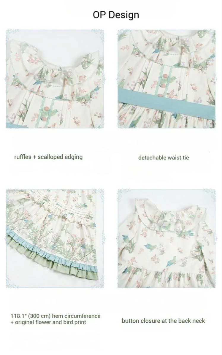 With PUJI - Oriole Time - Country Lolita JSK and OP Dress, Floral and Bird Print - Image 22