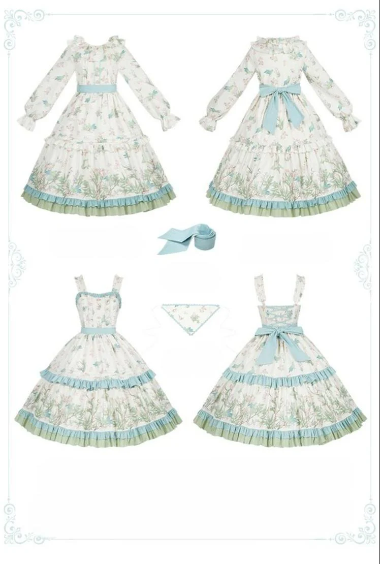 With PUJI - Oriole Time - Country Lolita JSK and OP Dress, Floral and Bird Print - Image 23