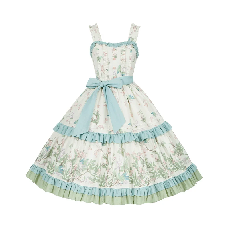 With PUJI - Oriole Time - Country Lolita JSK and OP Dress, Floral and Bird Print - Image 24