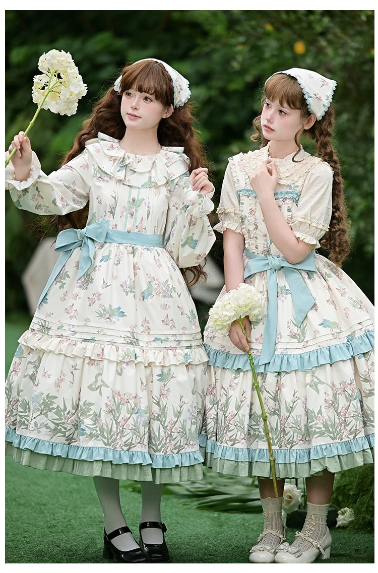 With PUJI - Oriole Time - Country Lolita JSK and OP Dress, Floral and Bird Print - Image 3