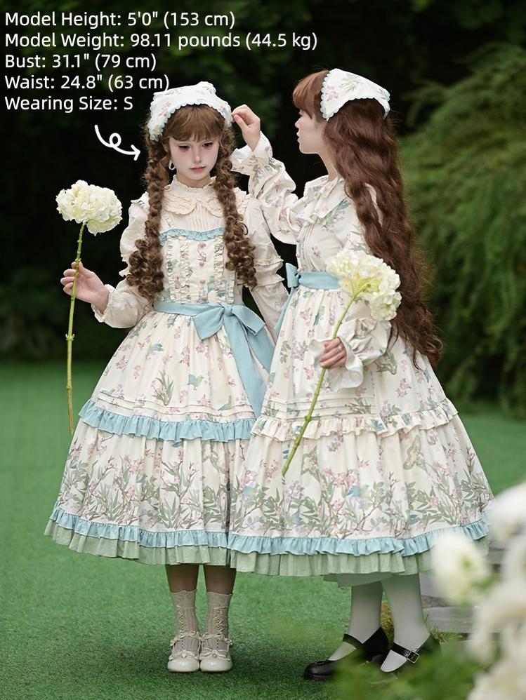 With PUJI - Oriole Time - Country Lolita JSK and OP Dress, Floral and Bird Print - Image 4
