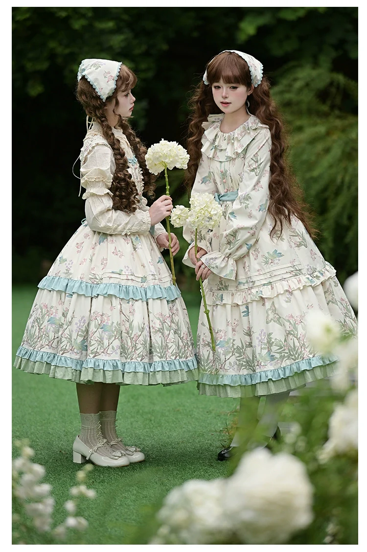 With PUJI - Oriole Time - Country Lolita JSK and OP Dress, Floral and Bird Print - Image 5