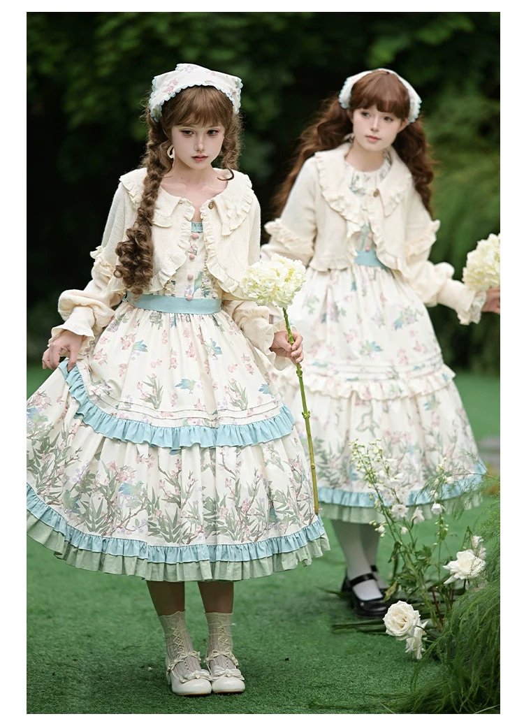 With PUJI - Oriole Time - Country Lolita JSK and OP Dress, Floral and Bird Print - Image 6