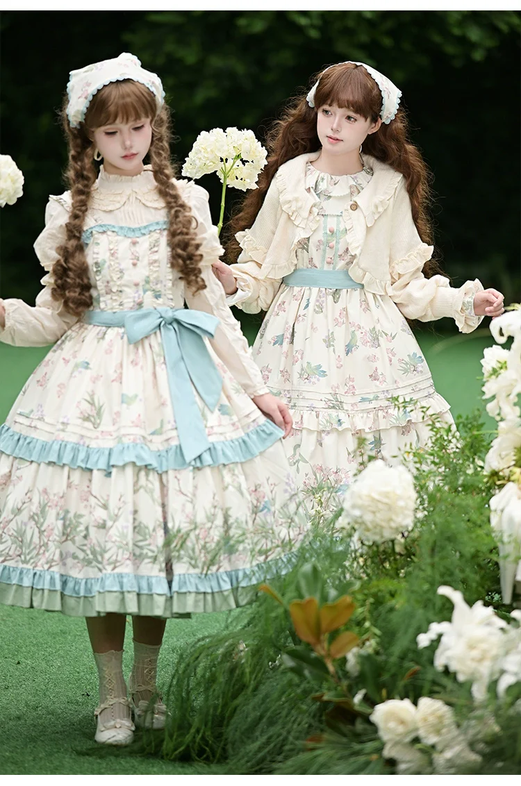 With PUJI - Oriole Time - Country Lolita JSK and OP Dress, Floral and Bird Print - Image 7