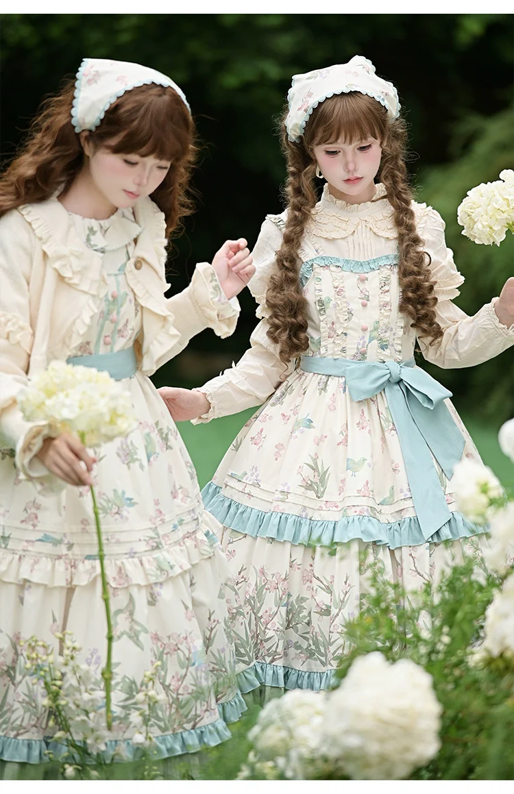 With PUJI - Oriole Time - Country Lolita JSK and OP Dress, Floral and Bird Print - Image 8