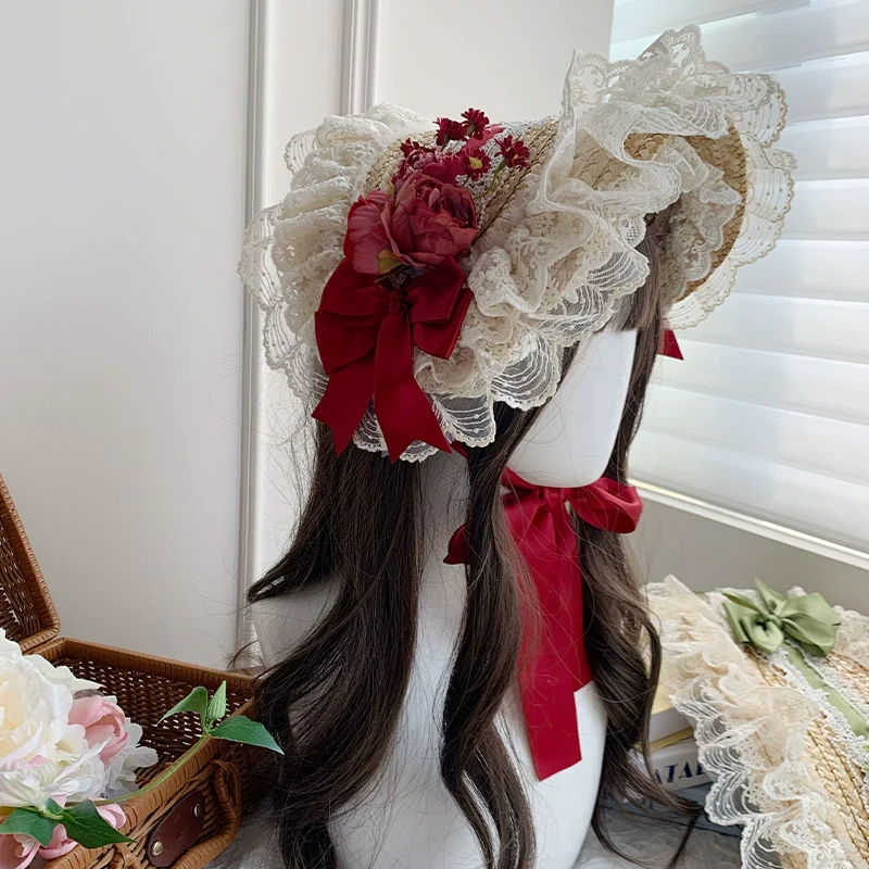 With PUJI - Floral Language - Country Lolita Lace Bow Flat Cap Straw Hat