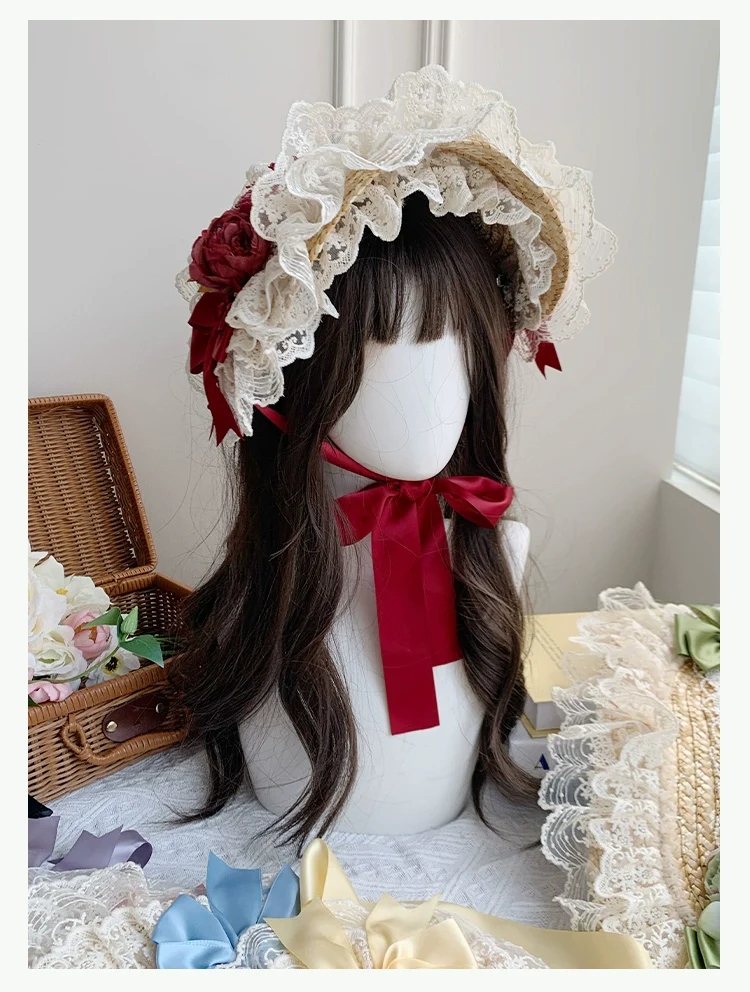 With PUJI - Floral Language - Country Lolita Lace Bow Flat Cap Straw Hat - Image 10