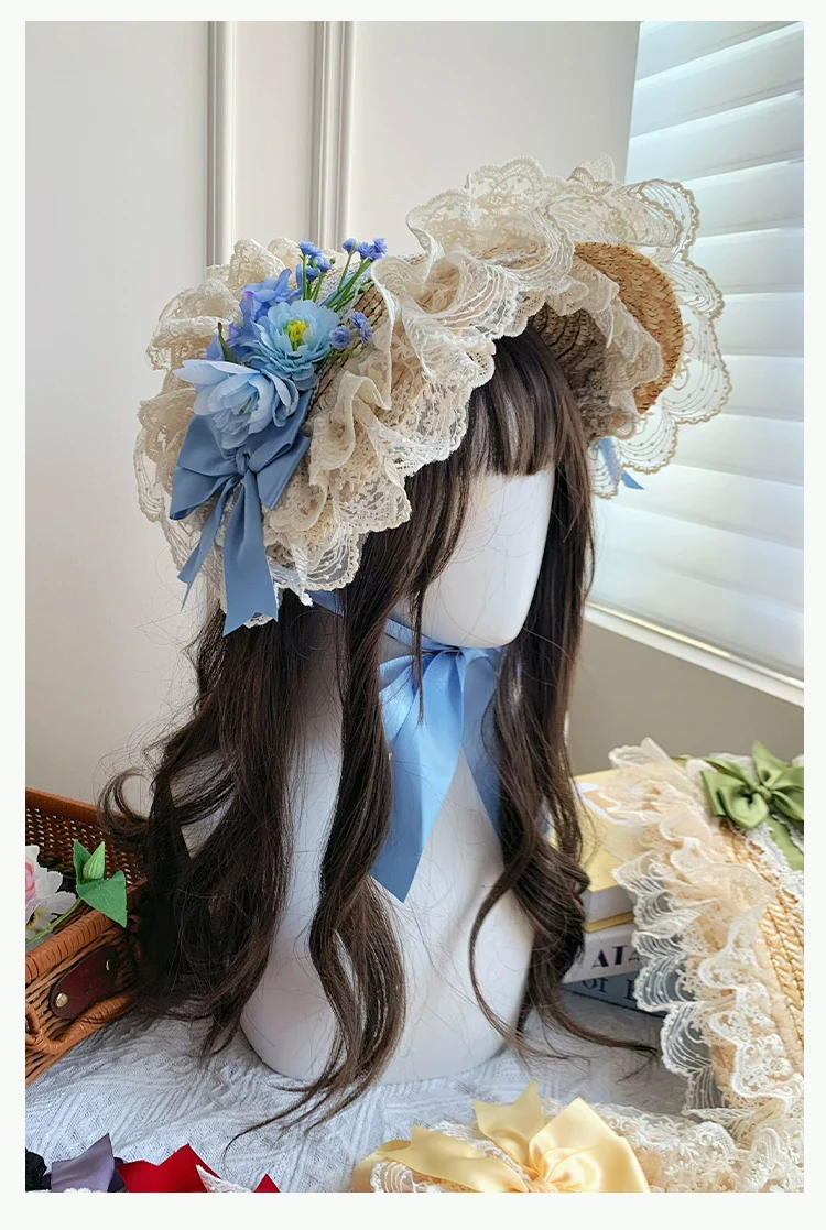 With PUJI - Floral Language - Country Lolita Lace Bow Flat Cap Straw Hat - Image 11