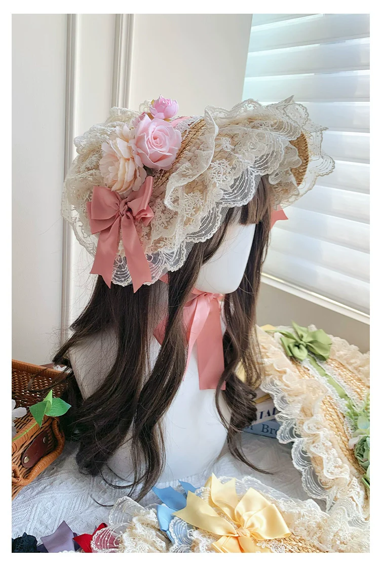 With PUJI - Floral Language - Country Lolita Lace Bow Flat Cap Straw Hat - Image 12