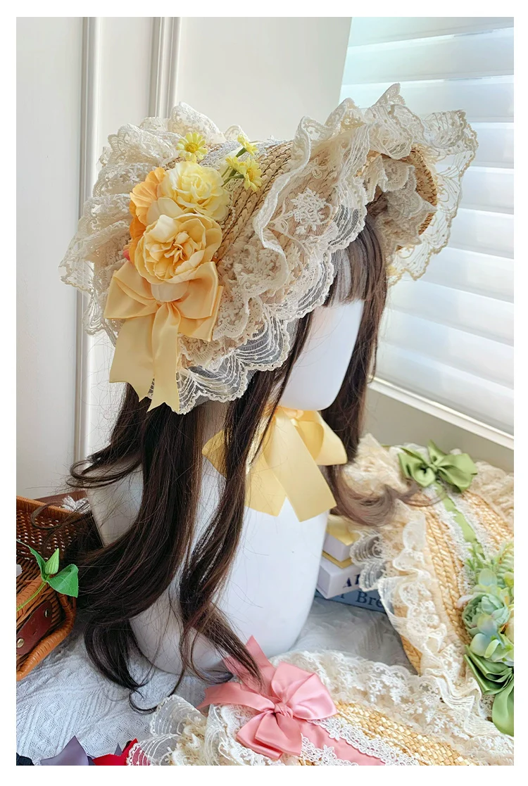 With PUJI - Floral Language - Country Lolita Lace Bow Flat Cap Straw Hat - Image 13