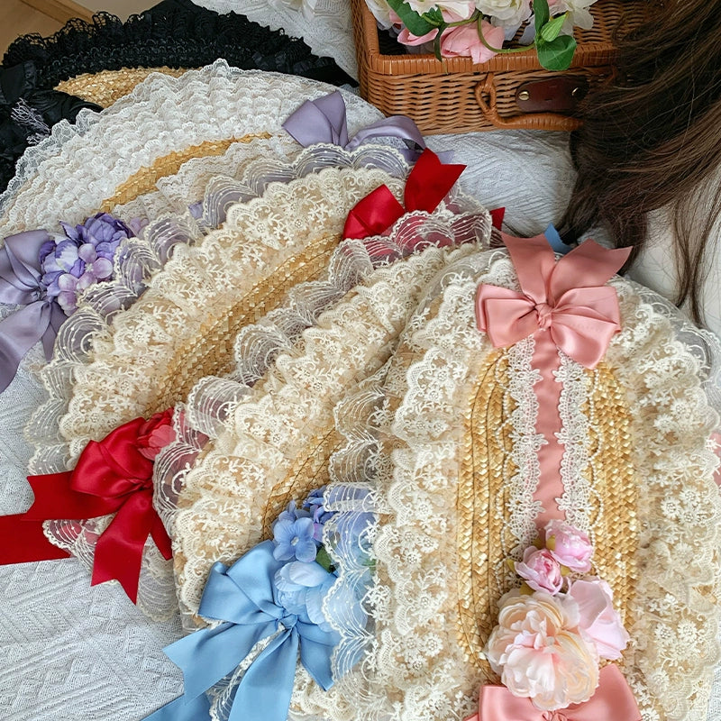 With PUJI - Floral Language - Country Lolita Lace Bow Flat Cap Straw Hat - Image 14