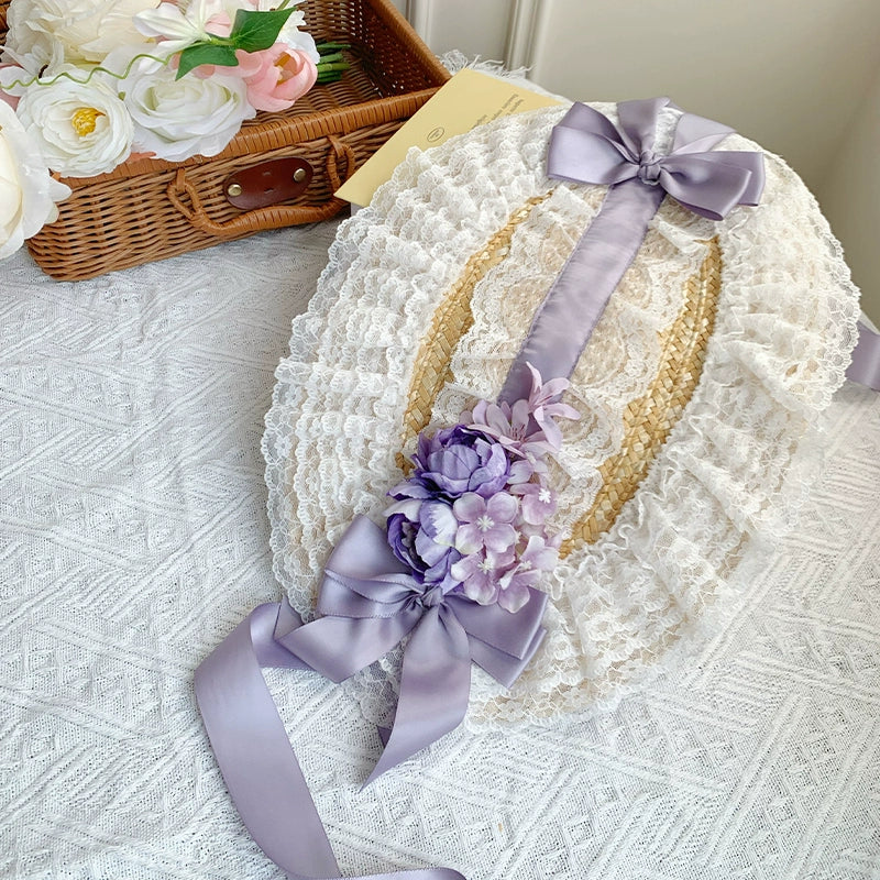 With PUJI - Floral Language - Country Lolita Lace Bow Flat Cap Straw Hat - Image 15