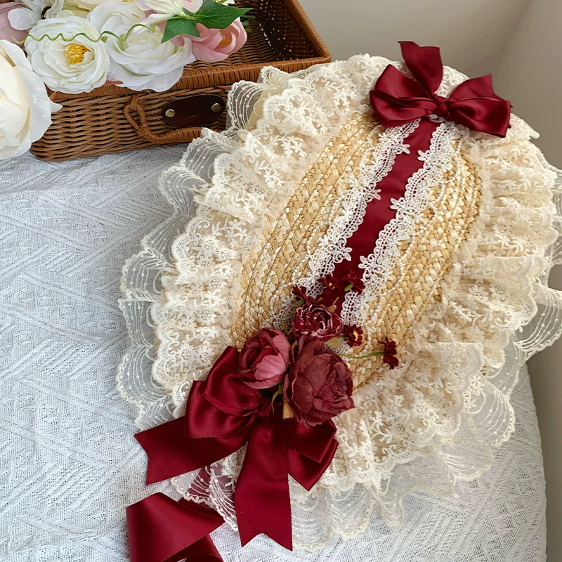 With PUJI - Floral Language - Country Lolita Lace Bow Flat Cap Straw Hat - Image 16