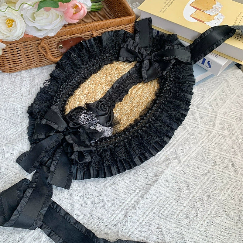 With PUJI - Floral Language - Country Lolita Lace Bow Flat Cap Straw Hat - Image 17
