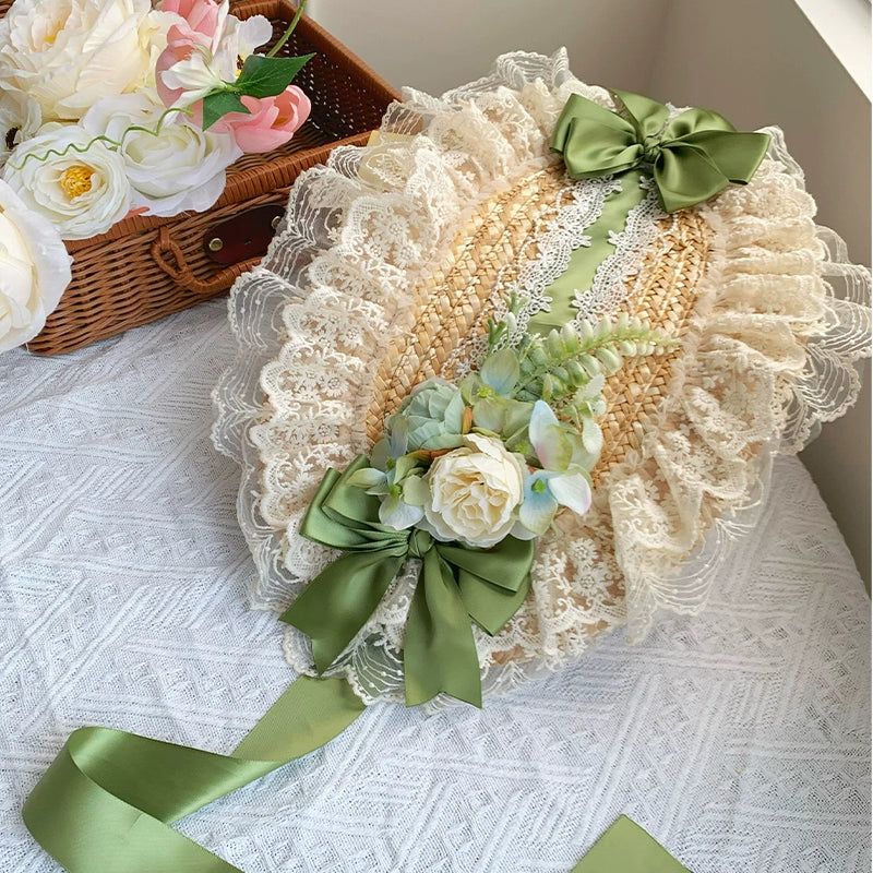 With PUJI - Floral Language - Country Lolita Lace Bow Flat Cap Straw Hat - Image 19