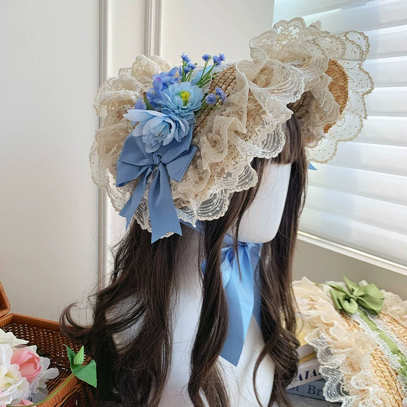 With PUJI - Floral Language - Country Lolita Lace Bow Flat Cap Straw Hat - Image 2
