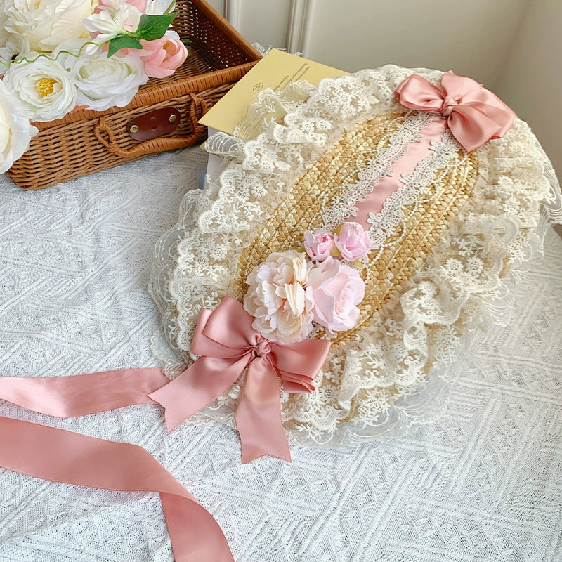 With PUJI - Floral Language - Country Lolita Lace Bow Flat Cap Straw Hat - Image 20