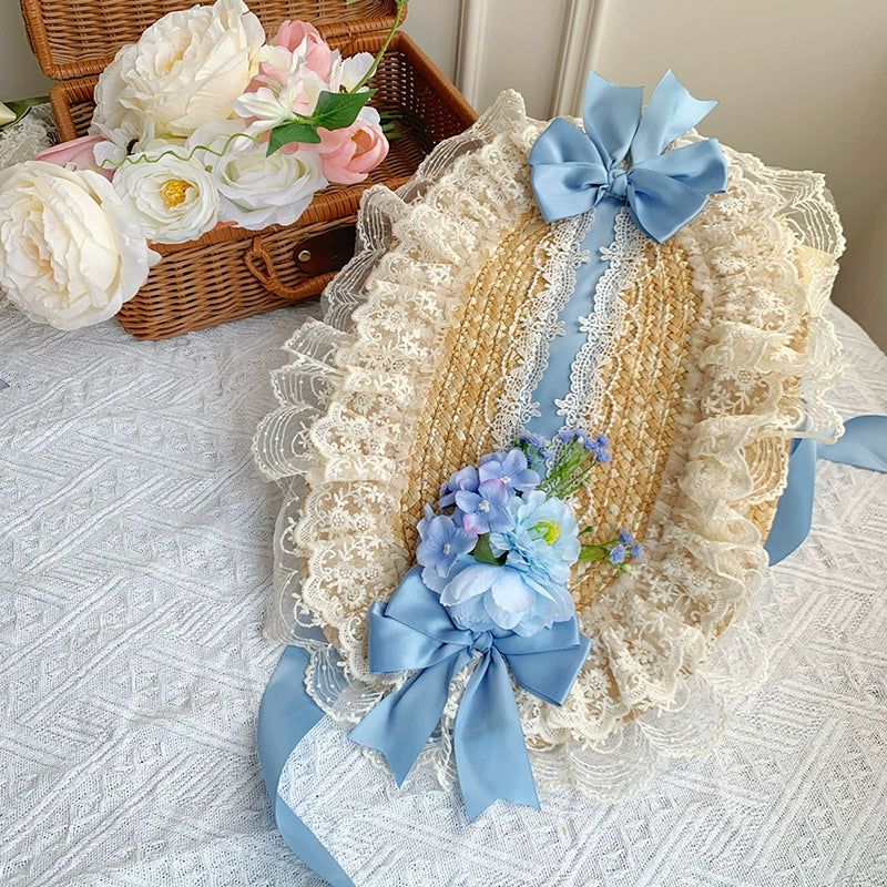 With PUJI - Floral Language - Country Lolita Lace Bow Flat Cap Straw Hat - Image 21