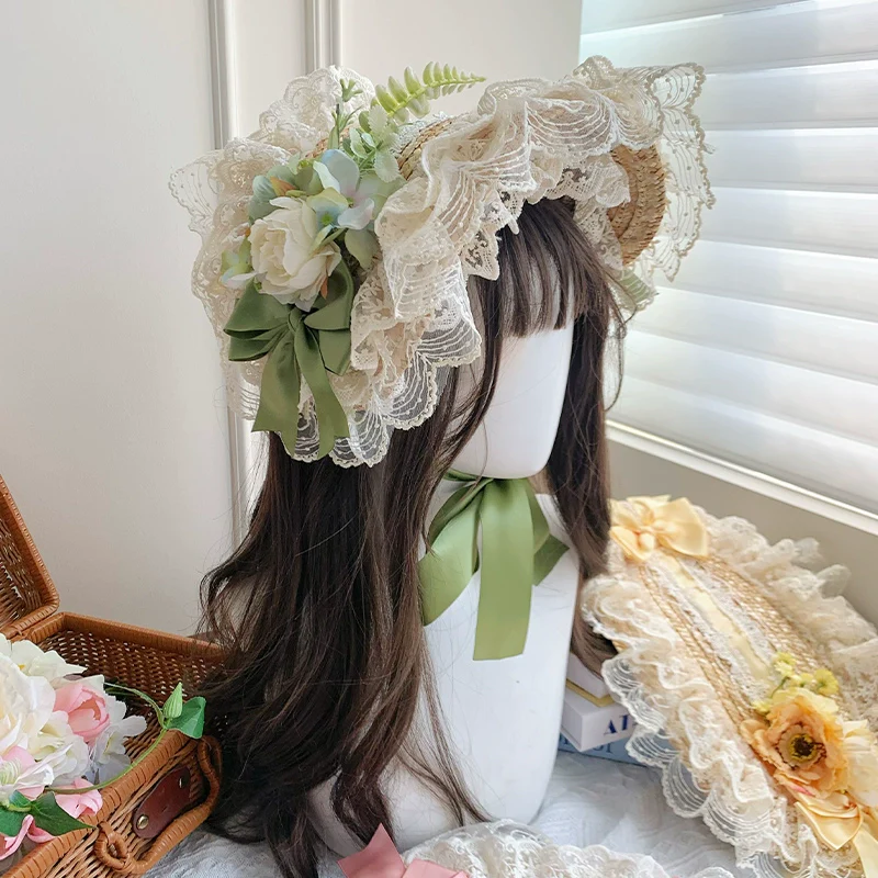 With PUJI - Floral Language - Country Lolita Lace Bow Flat Cap Straw Hat - Image 3