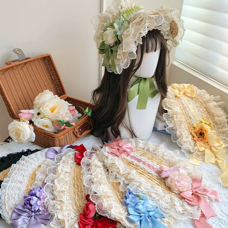 With PUJI - Floral Language - Country Lolita Lace Bow Flat Cap Straw Hat - Image 4
