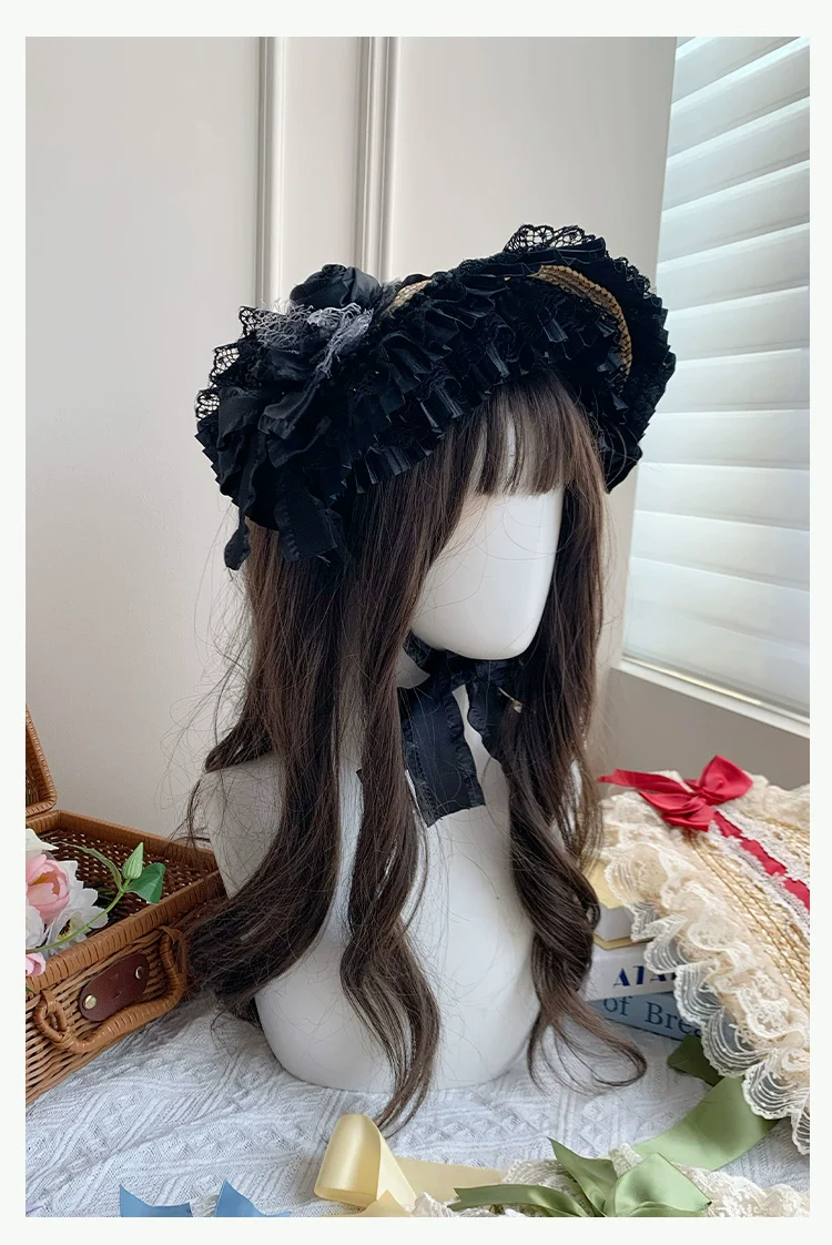With PUJI - Floral Language - Country Lolita Lace Bow Flat Cap Straw Hat - Image 5