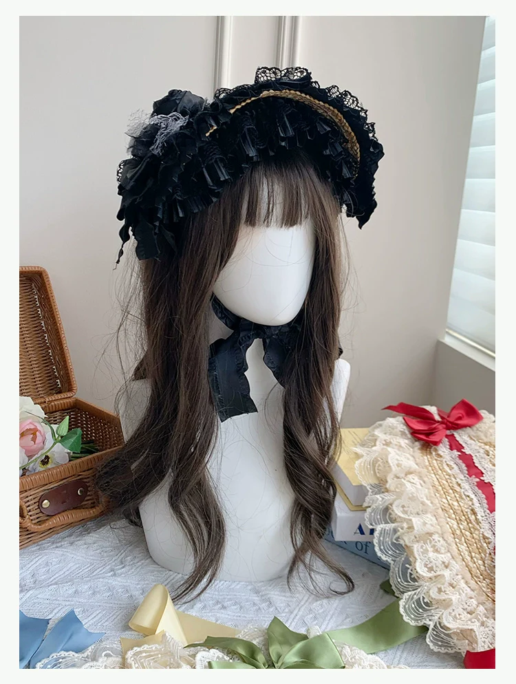 With PUJI - Floral Language - Country Lolita Lace Bow Flat Cap Straw Hat - Image 6
