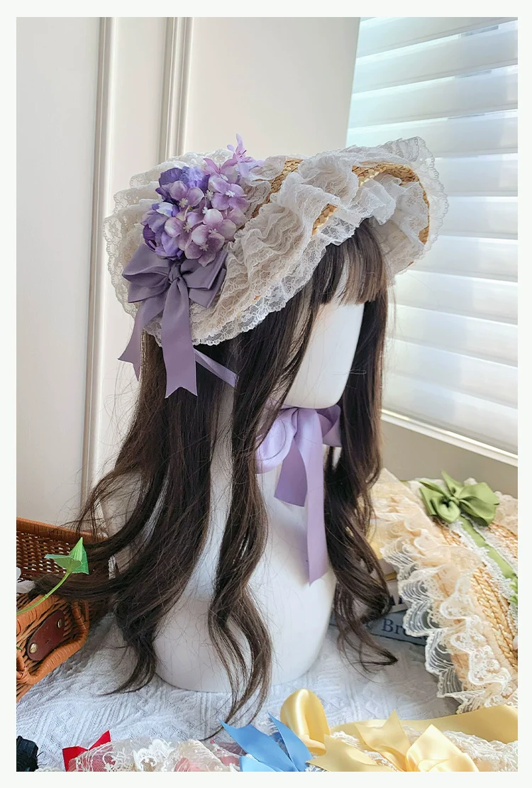With PUJI - Floral Language - Country Lolita Lace Bow Flat Cap Straw Hat - Image 7