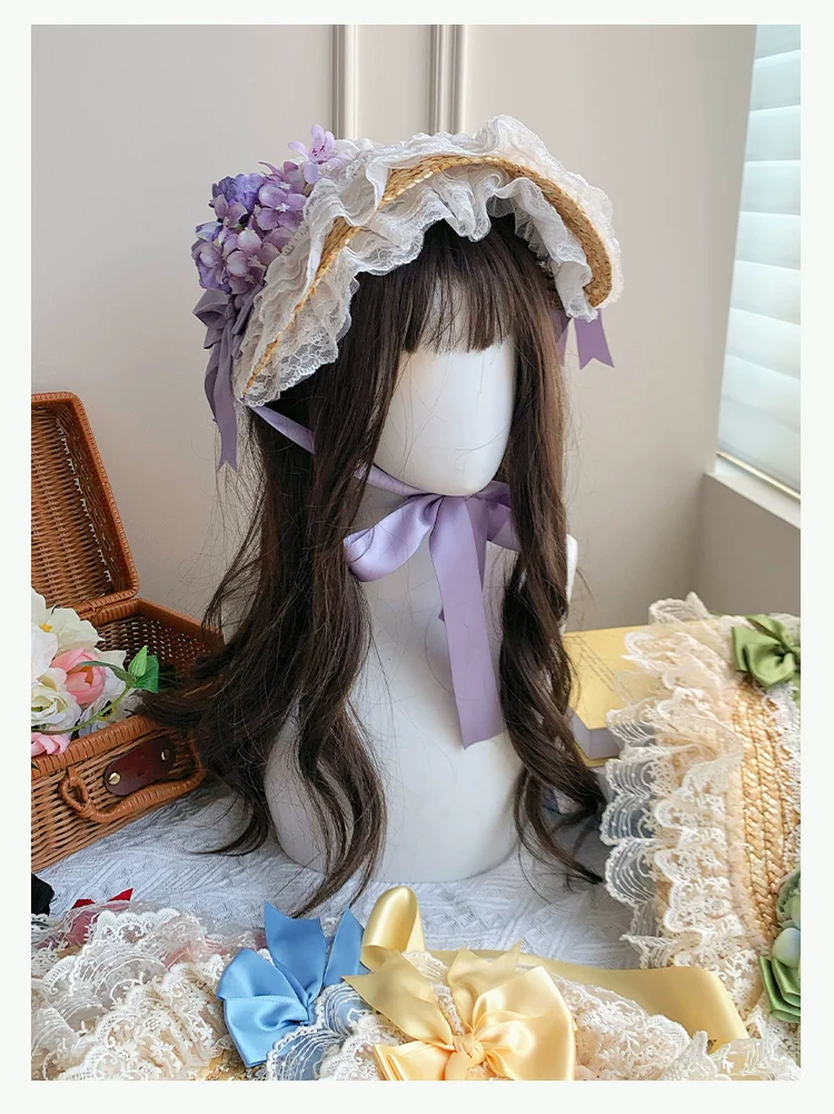 With PUJI - Floral Language - Country Lolita Lace Bow Flat Cap Straw Hat - Image 8
